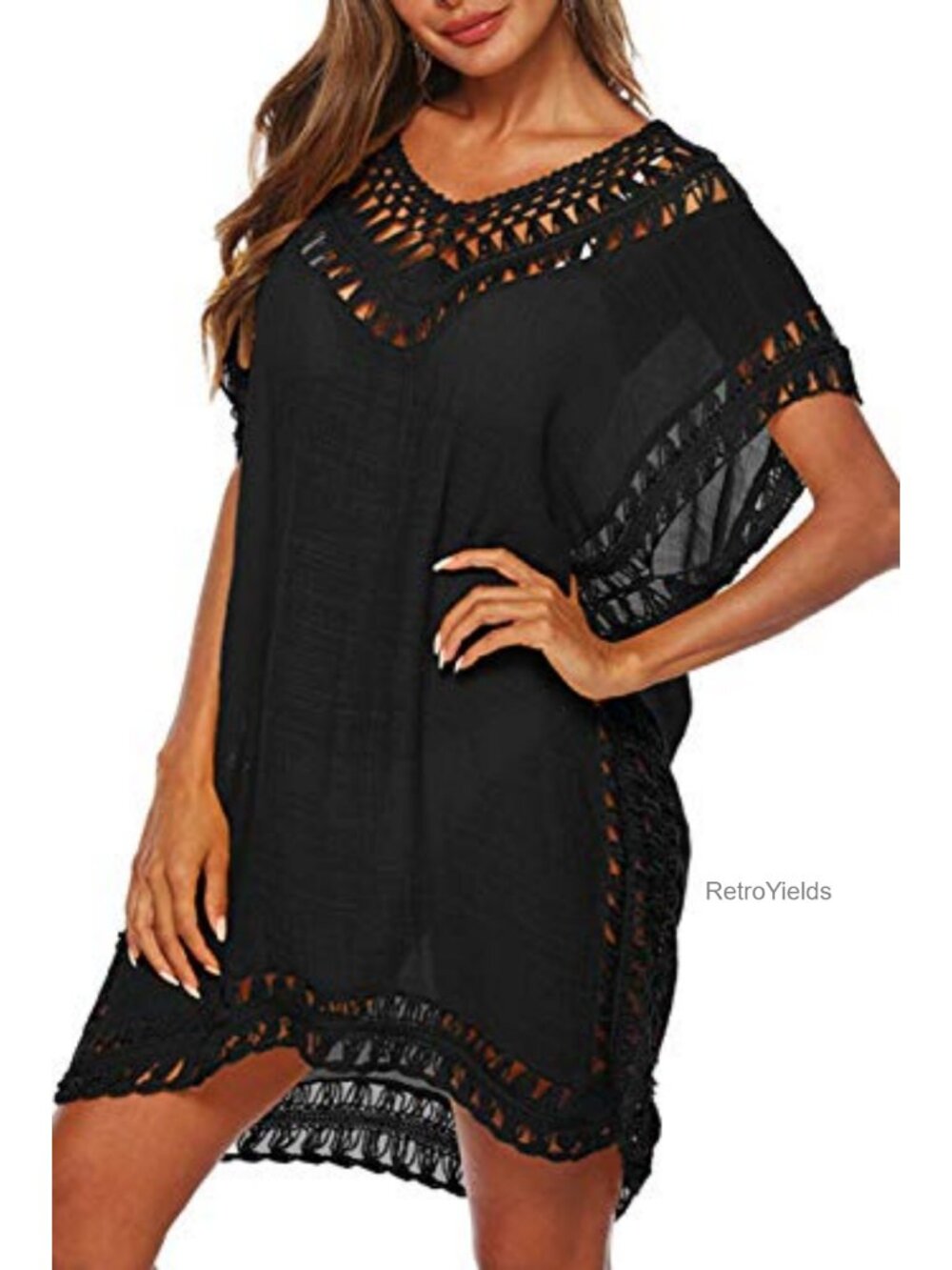 Women's Crochet Chiffon Beach Cover Up Floral Tassel Swimwear Coverup